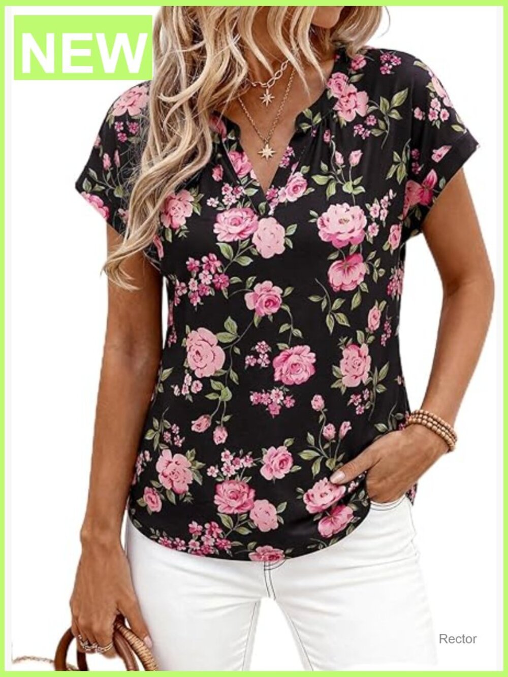 Loose Fit V-Neck Floral Top Short Sleeve Blouse Tunic Pullover Summer Work